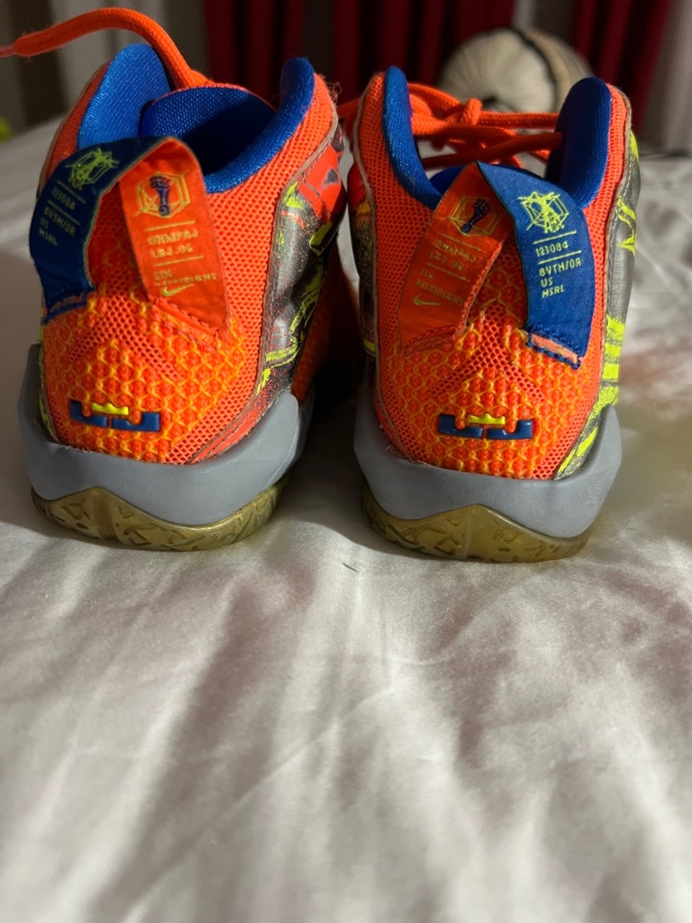 LeBron James Nike Orange Sneakers with Yellow Swoosh and Blue Lining - Picture 4 of 7